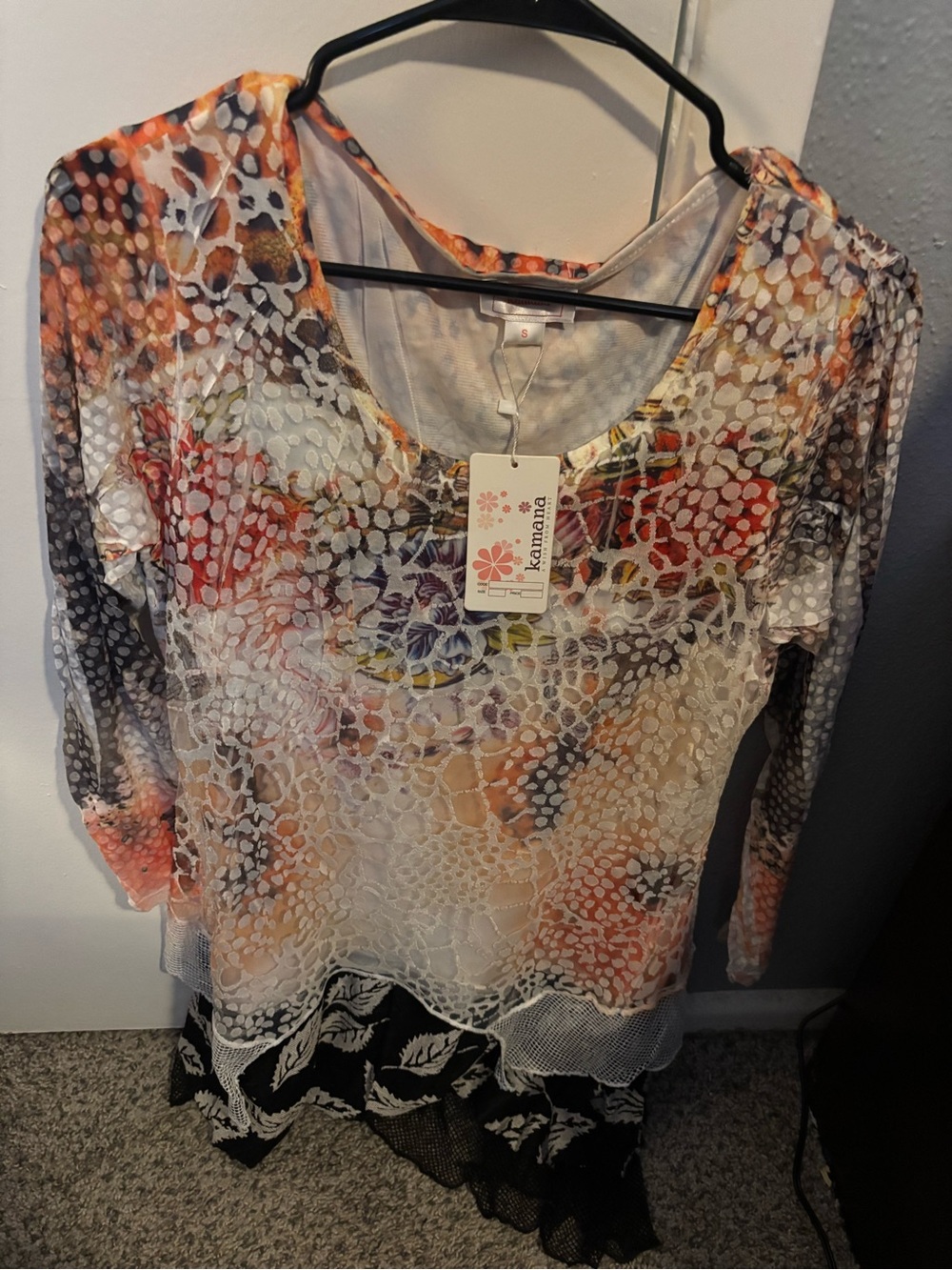 Komarov Sheer Floral Mesh Long Sleeve Top in Orange, Coral & Black